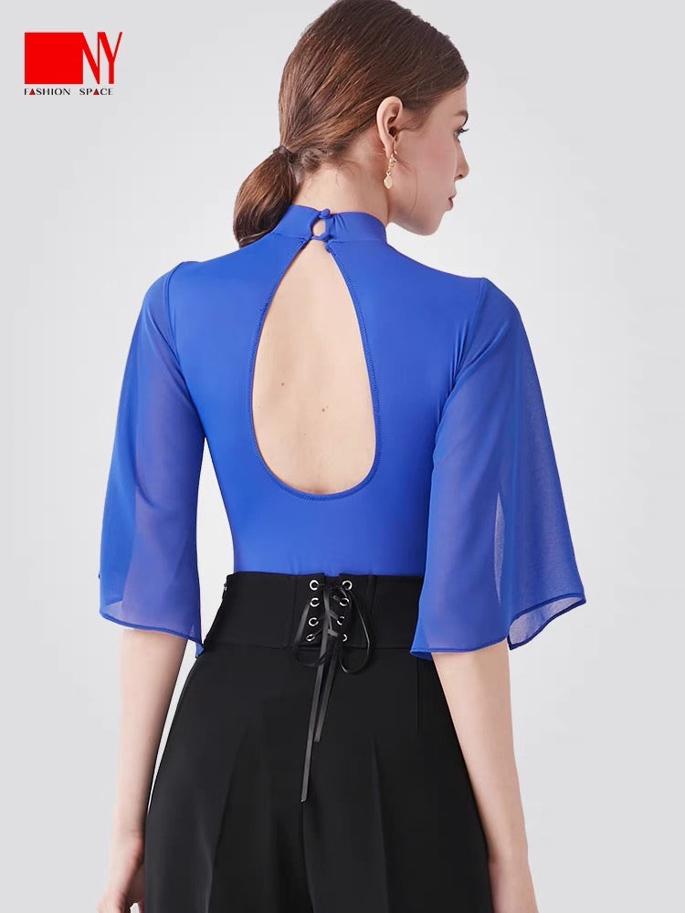 Ladies Blue Bodysuit with fly sleeves